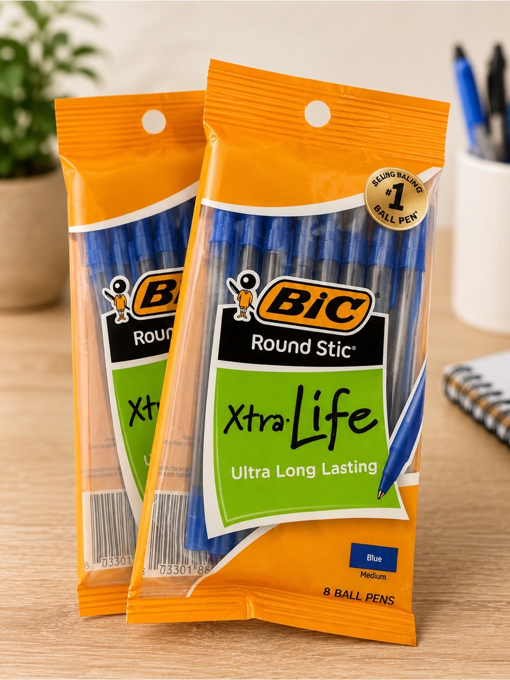 2 packs for $5 Round Stic Xtra-Life Blue Ballpoint Pens - 8 Pack